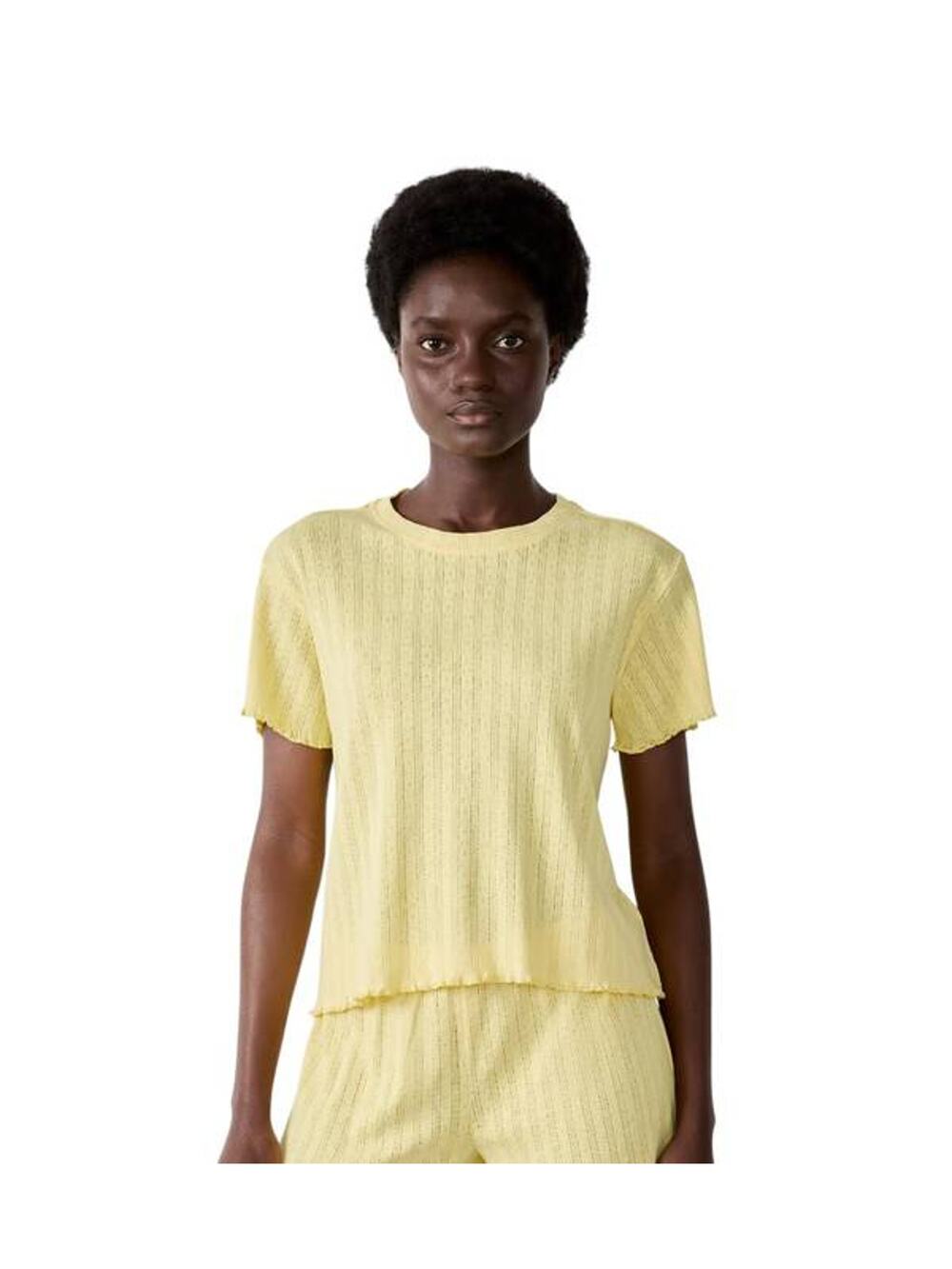 LESET Pointelle Slim Fit Tee Shirt in Pale Yellow M